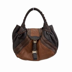 Fendi Crispe Tribal Spy Handbag Brown/Black Pebbled Nappa Leather